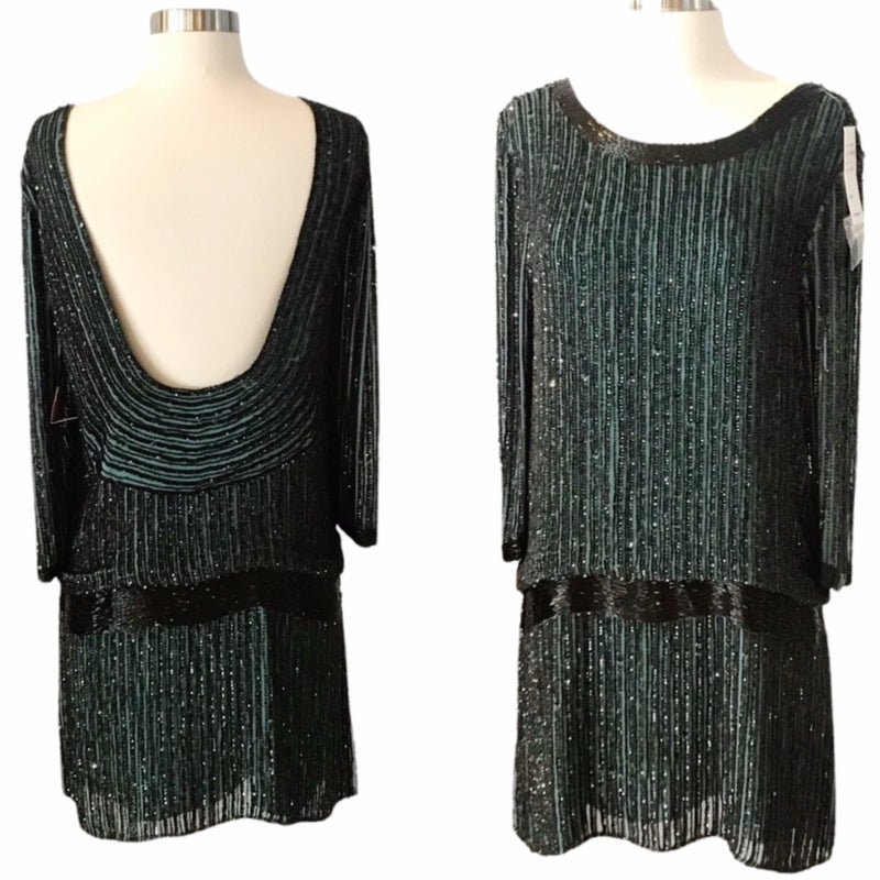 Cocktail Dress Blouson Black/Green Embellished Open Back Boat Neck Mini Medium