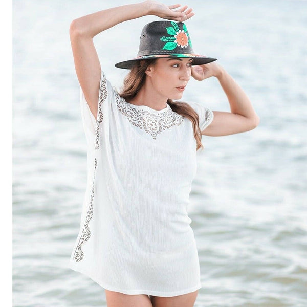 TUNIC BEACH COVER UP T. Zovich Solid with Floral Trim Swim Sustainable White NWT