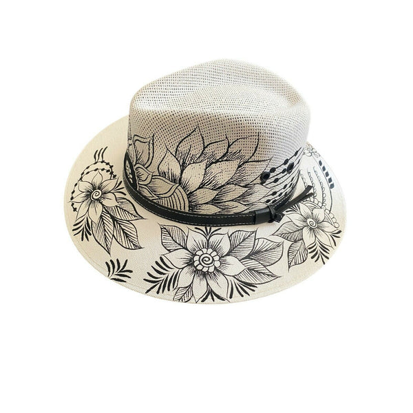 MEXICAN Artisanal Hat Hand Painted Fedora Floral Sombrero Panama Bohemian Medium