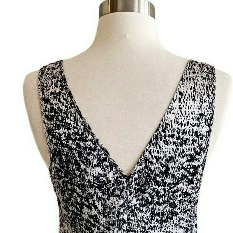 REBECCA TAYLOR Dress Static Print Silk Pleated Gray Silver Black V-Neck 2 EUC