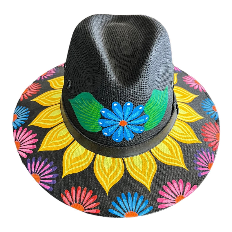 HAT MEXICAN Artisanal Hand Painted Fedora Floral Sombrero Panama Bohemian Black