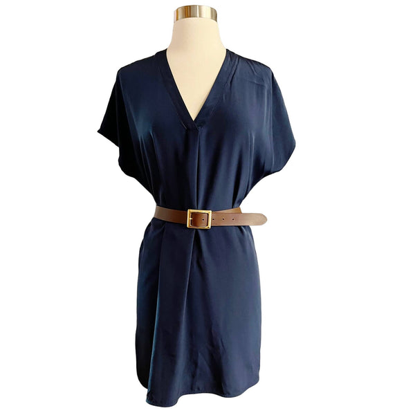 VINCE V-Neck Tunic Dress Midi Slip On Silk Short Sleeves Slip On Navy Small EUC