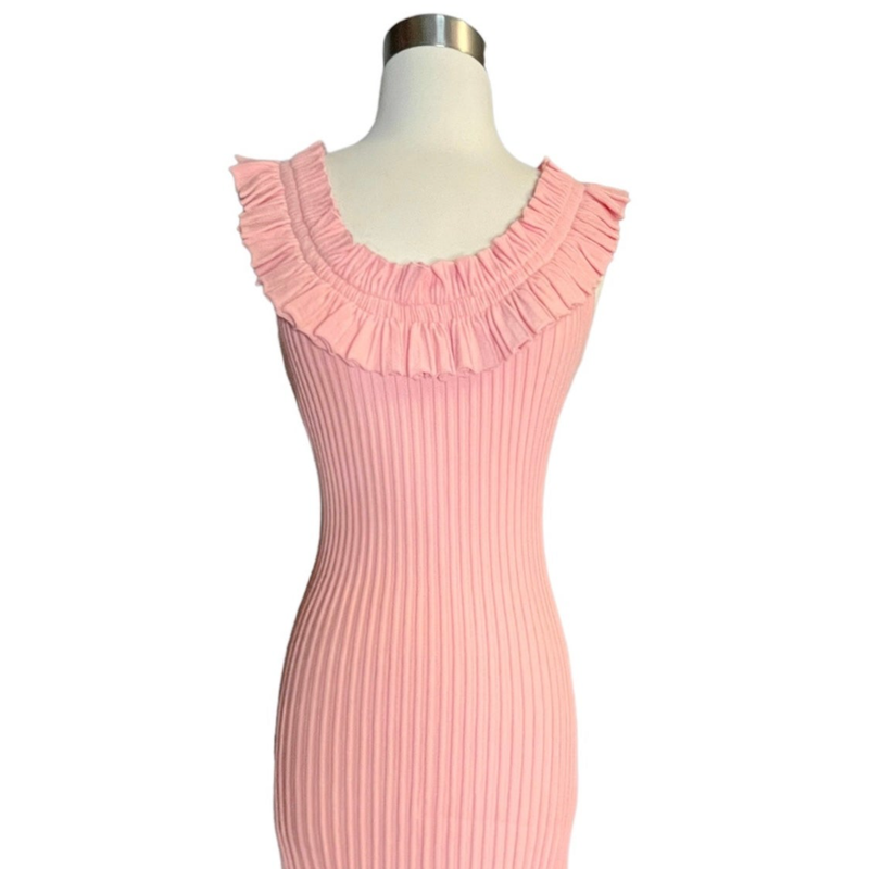 MILLY Sweater Dress Ribbed Knit Sheath Midi Cap Sleeve Off Shoulder Ruffle Pink