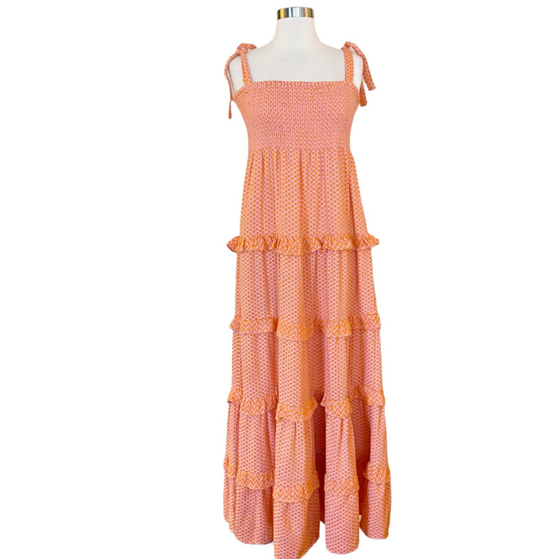 CECILIE COPENHAGEN Mina Dress Long Tiered Maxi Embroidered Tangerine Large NWT