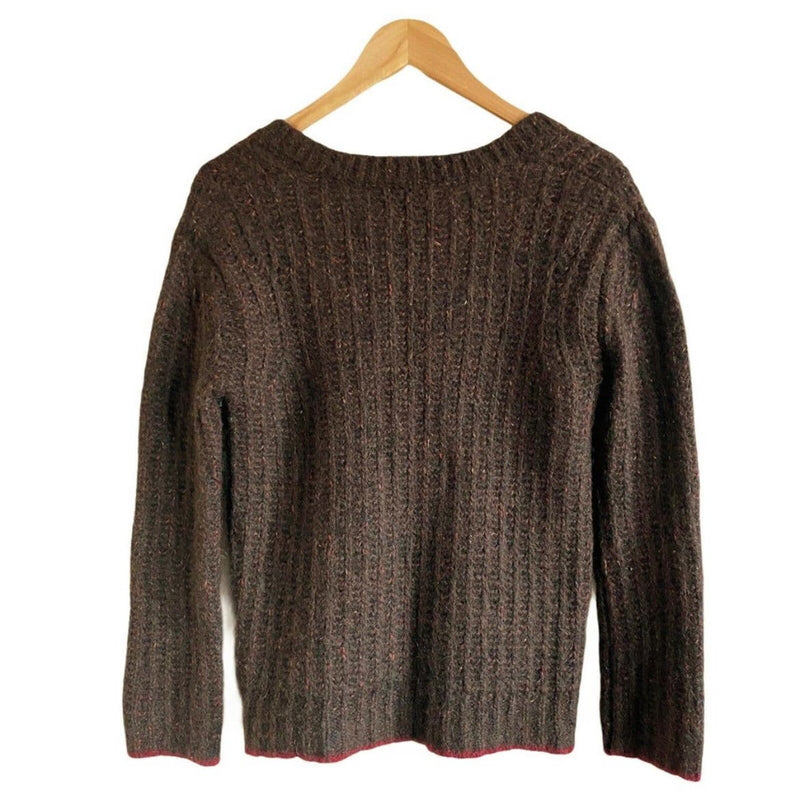 LA LIGNE Brown Sweater Fuzzy Wuzzy Pullover V-Neck Alpaca Cotton Wool Red Trim S