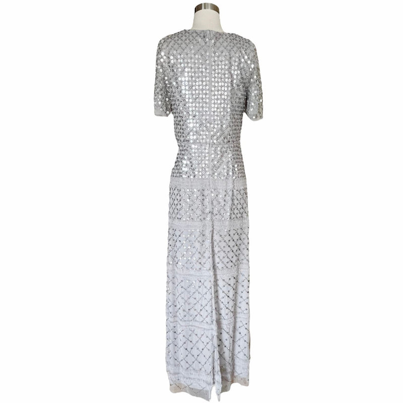 AIDAN MATTOX Silver Gown Dress Short Sleeves Beaded Sequined Piping V-Neck 6 NWT