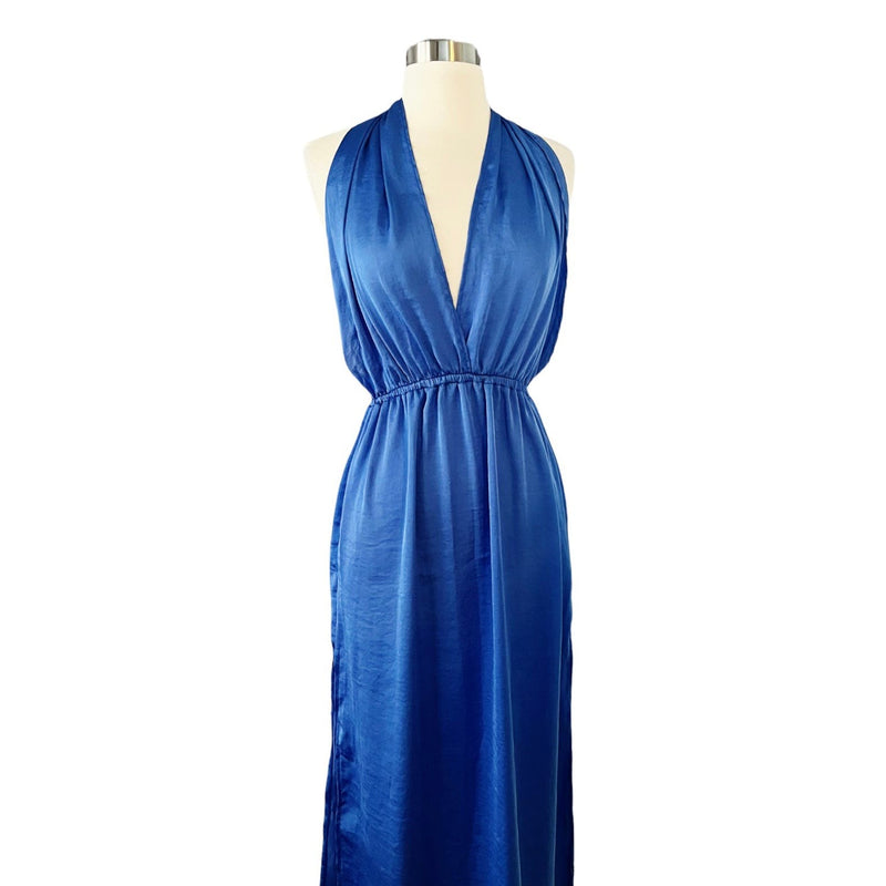 T. ZOVICH Blue Maxi Dress Satin Halter Ties Multiway Lightweight Ties Small NWT