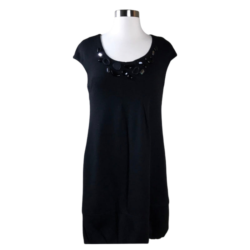 VINCE Bubble Black Dress Wool Beaded Round Neck Short Sleeves V-Back Small EUC