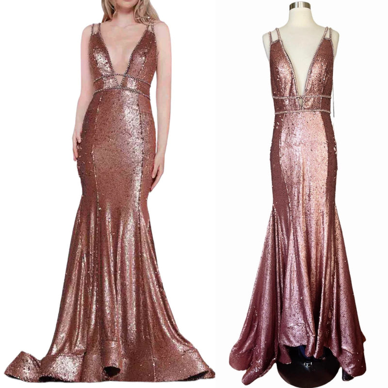 COLORS Mermaid Sequin Gown Metallic Bronze Sleeveless Evening Rhinestone 10 NWT