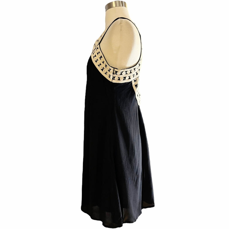 Black Swing Dress Embroidered V-Neck Cutout Back Sleeveless Medium NWT