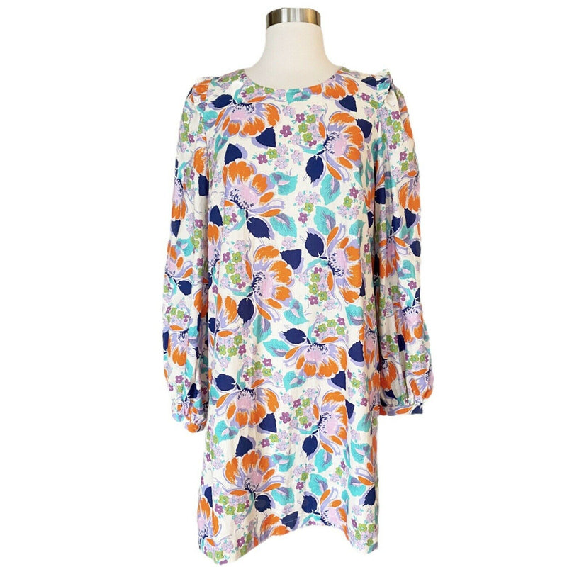 CECILIE COPENHAGEN Mirna Dress Mini Shift Ivory Blue Orange Floral Large NWT