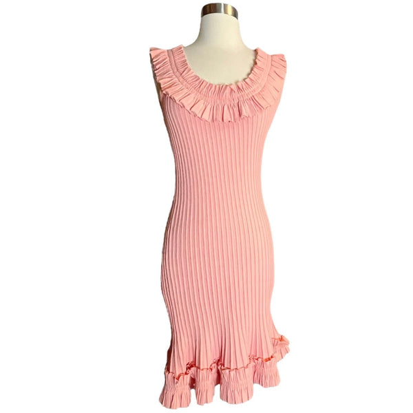 MILLY Sweater Dress Ribbed Knit Sheath Midi Cap Sleeve Off Shoulder Ruffle Pink