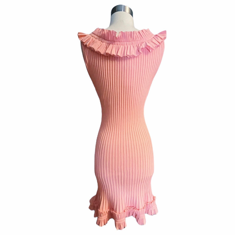 MILLY Sweater Dress Ribbed Knit Sheath Midi Cap Sleeve Off Shoulder Ruffle Pink