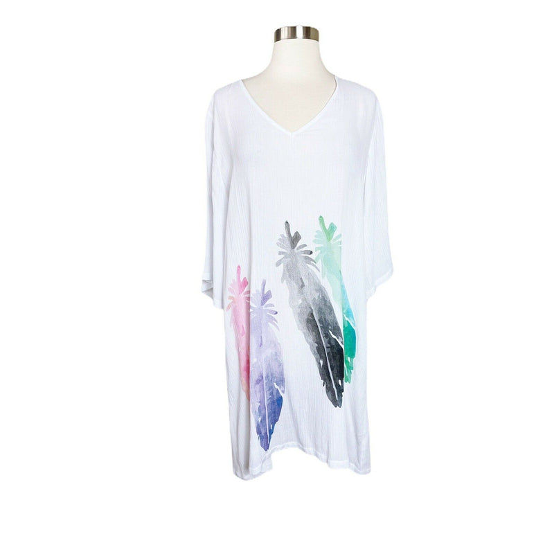 BEACH COVER UP TUNIC T. Zovich White with Feathers Print Half Sleeves Large