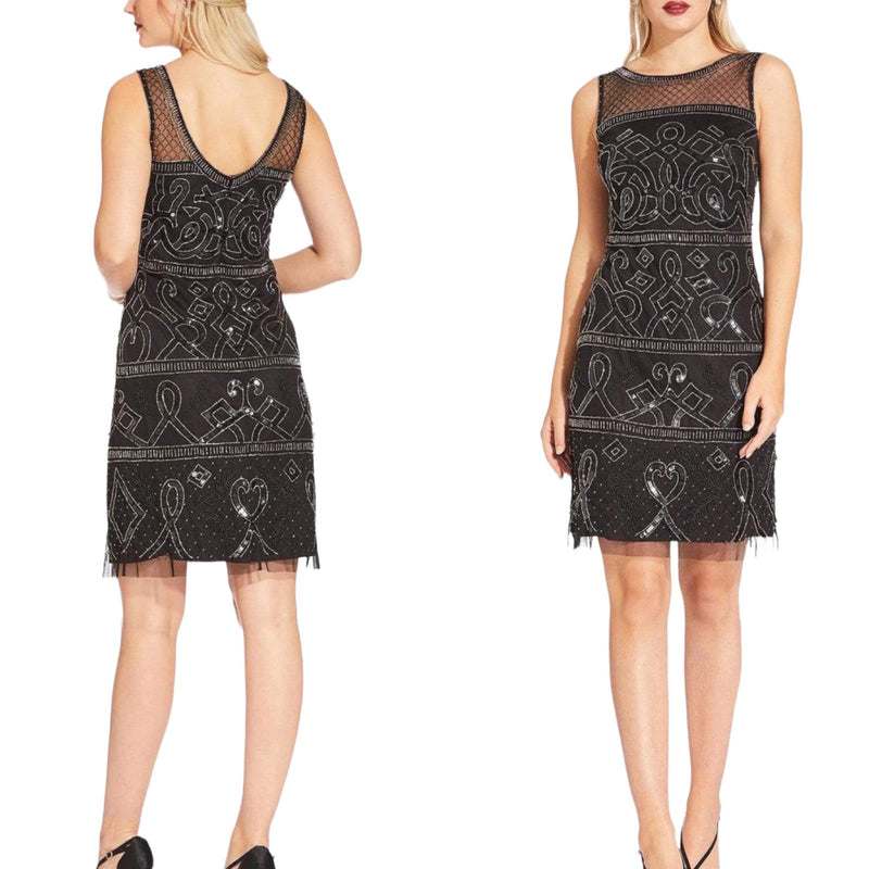 ADRIANNA PAPELL Black Dress Beaded Illusion Sheath Cocktail Mini A-Line 6 NWT