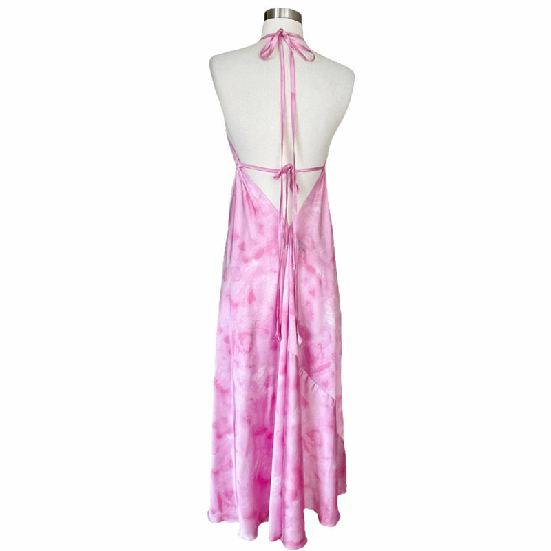 T. ZOVICH Pink Tie Dye Maxi Dress Satin Halter Lightweight Ties Open Back Medium