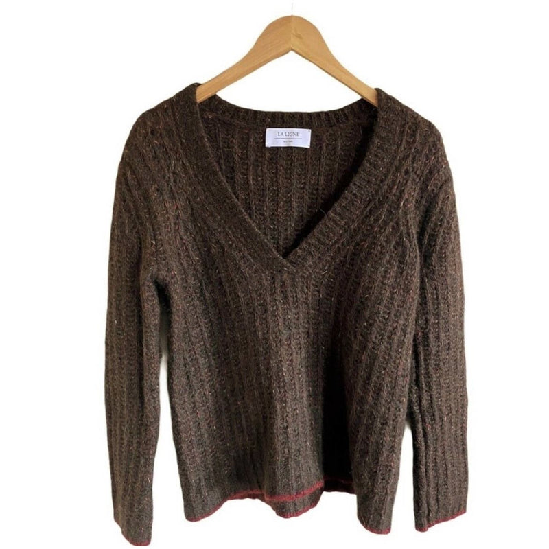 LA LIGNE Brown Sweater Fuzzy Wuzzy Pullover V-Neck Alpaca Cotton Wool Red Trim S