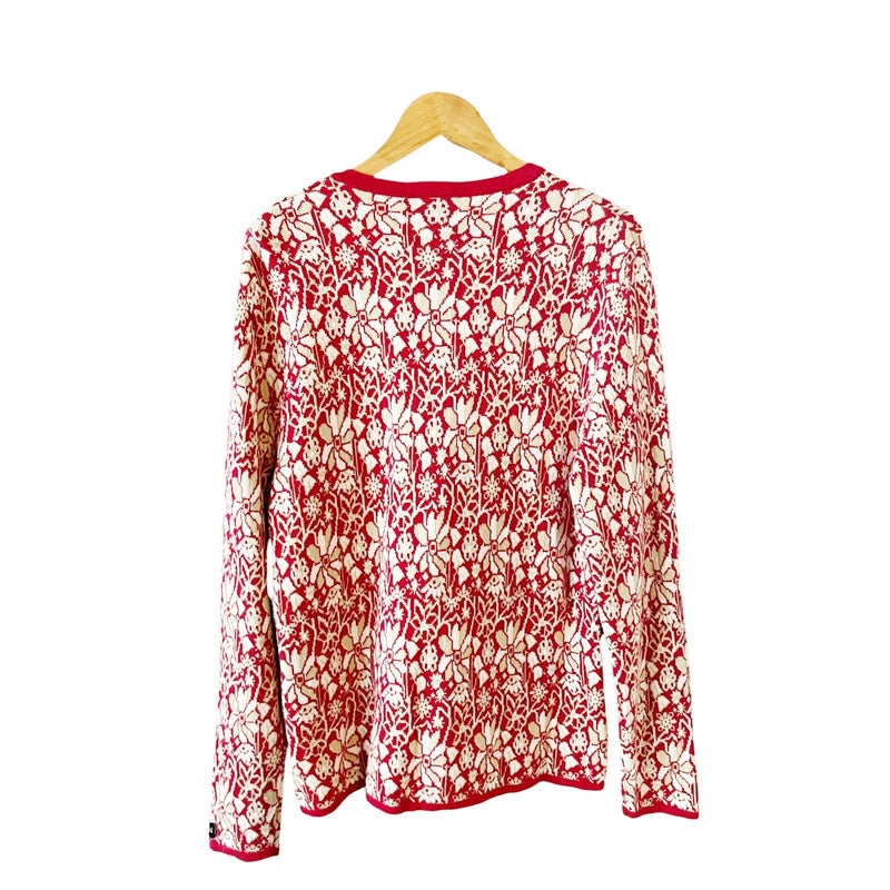 SKJAEVELAND of NORWAY Fair Isle Floral Sweater Cotton V-Neck Red White Large EUC