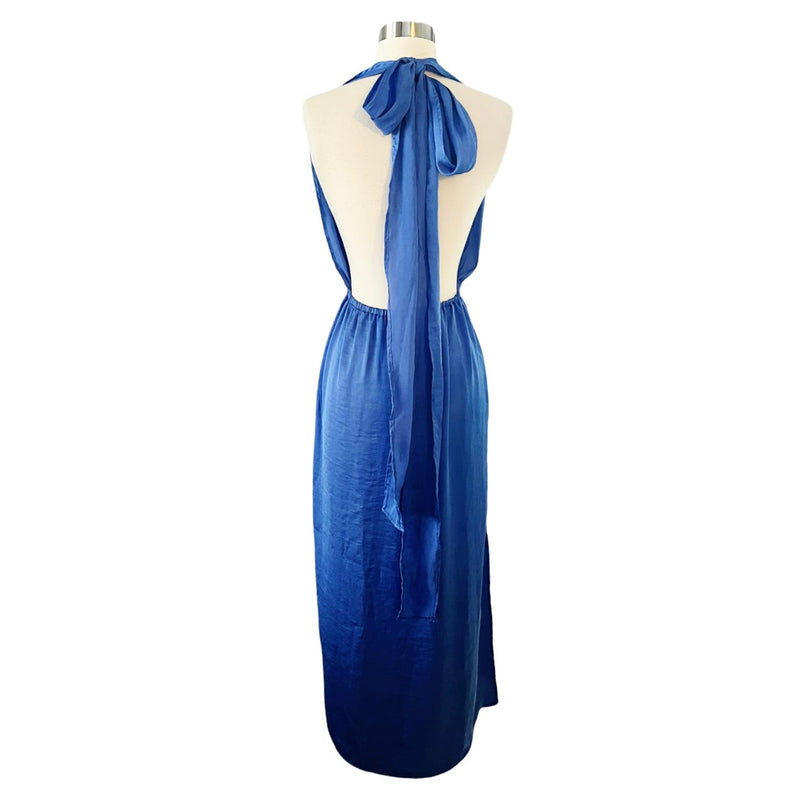 T. ZOVICH Blue Maxi Dress Satin Halter Ties Multiway Lightweight Ties Small NWT