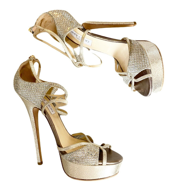 JIMMY CHOO Glitter Sandals Metallic Sierra Coated Snakeprint Leather Heels 40 IT