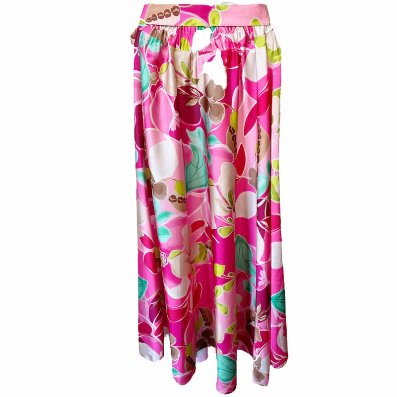 Italian Retro Inspired Maxi Skirt Floral Pink Print Elastic Waist Belt S/M NWT