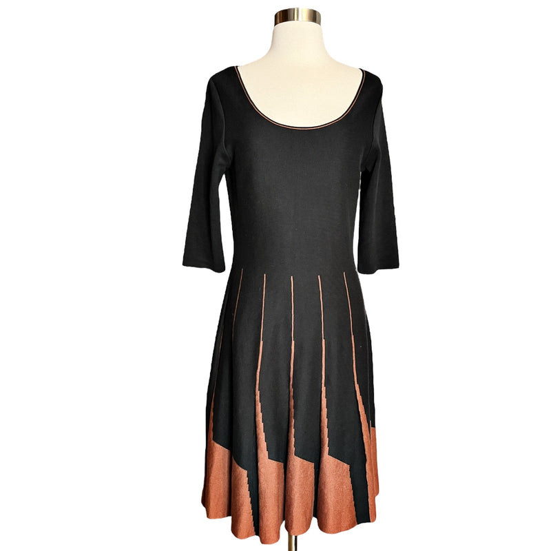 PERUVIAN CONNECTION Parc Royal Dress Pima Cotton Black/Copper A-Line Knit Small