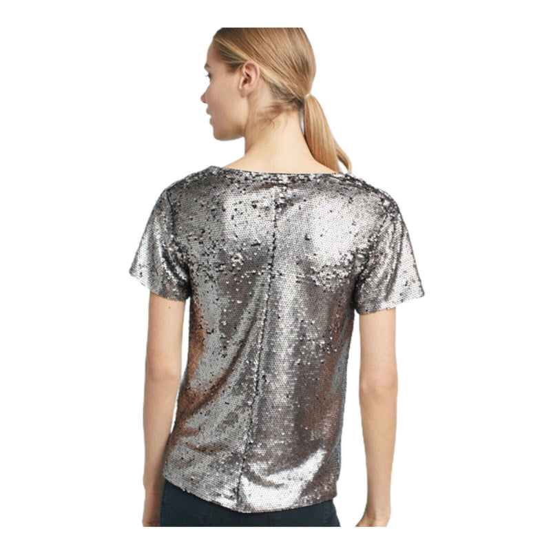 ANTHROPOLOGIE Sequin Top Short Sleeve V-Neck Vanessa Virginia Silver Small EUC