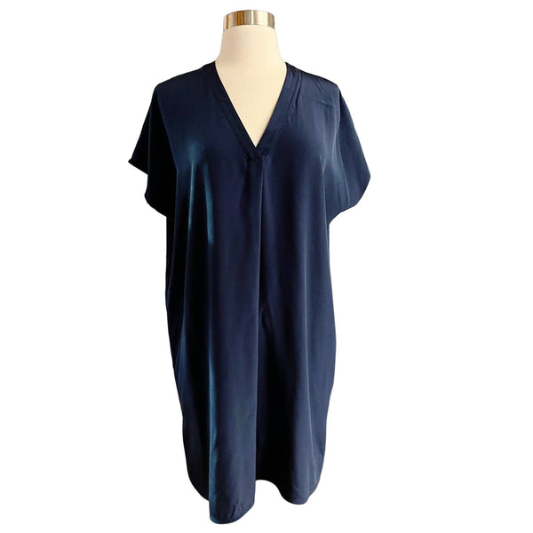 VINCE V-Neck Tunic Dress Midi Slip On Silk Short Sleeves Slip On Navy Small EUC