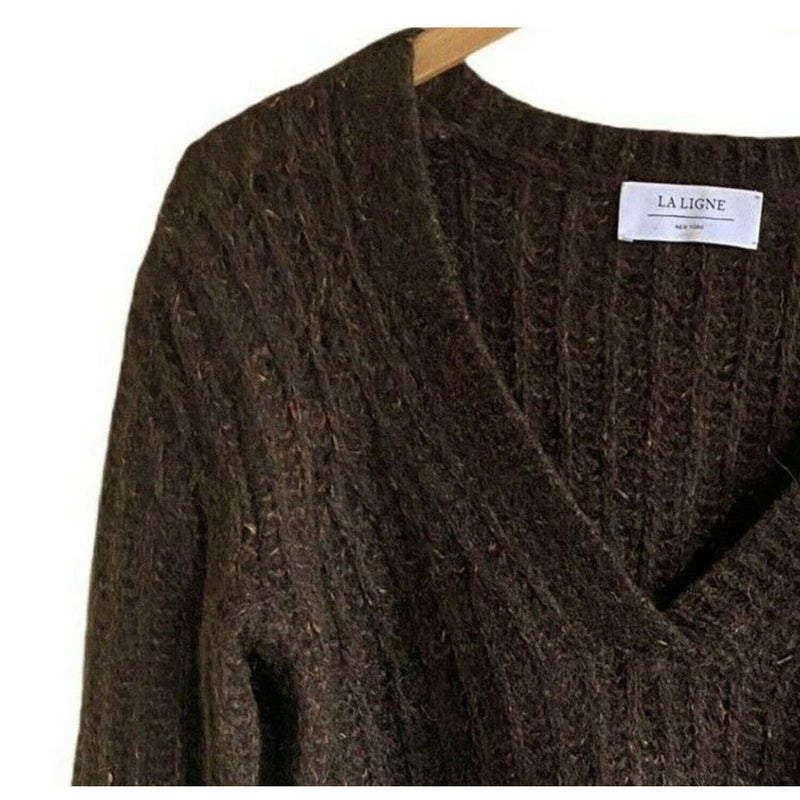 LA LIGNE Brown Sweater Fuzzy Wuzzy Pullover V-Neck Alpaca Cotton Wool Red Trim S