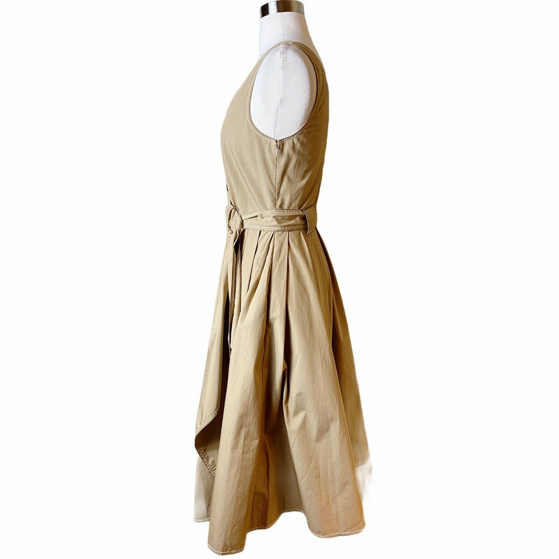 DEREK LAM 10 CROSBY Cotton Poplin Gathered Wrap Dress Sleeveless Camel Tan 4 EUC