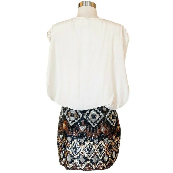 Cocktail Silk Dress Ivory Blouson Embellished Sequins Skirt Multimedia Large NWT