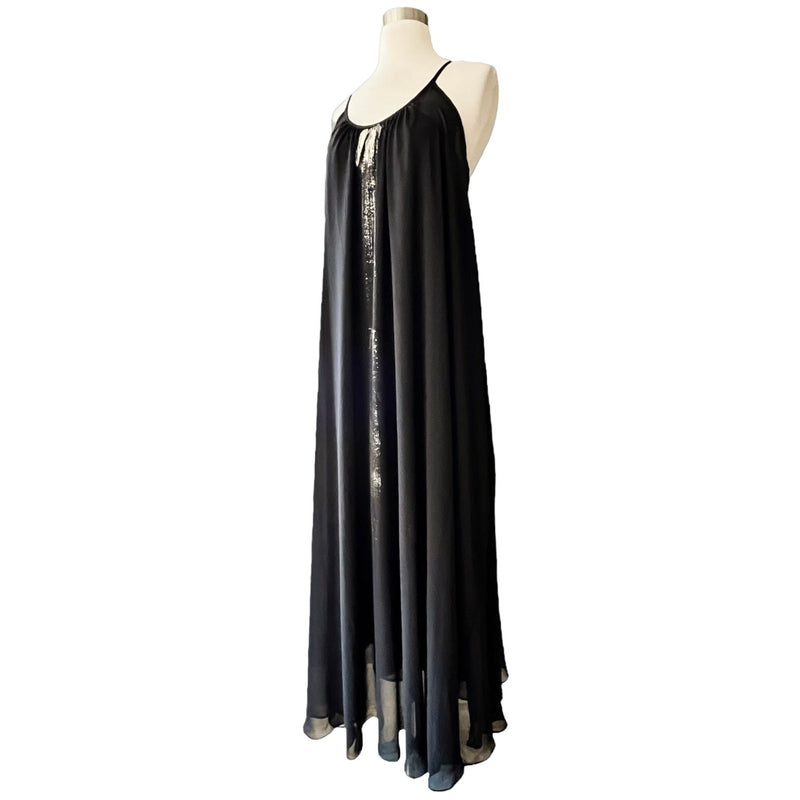 ALEF ALEF Black Maxi Chiffon Dress Sleeveless Gold Contrast Size 0 Small Israeli