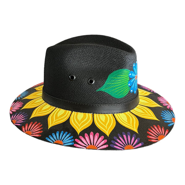 HAT MEXICAN Artisanal Hand Painted Fedora Floral Sombrero Panama Bohemian Black