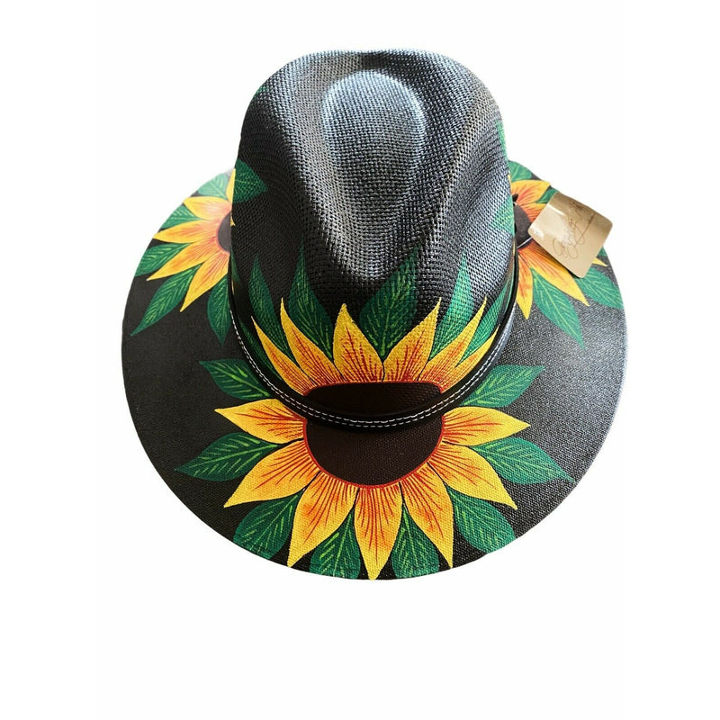 MEXICAN Artisanal Hat Hand Painted Fedora Sunflower Sombrero Panama Medium Black