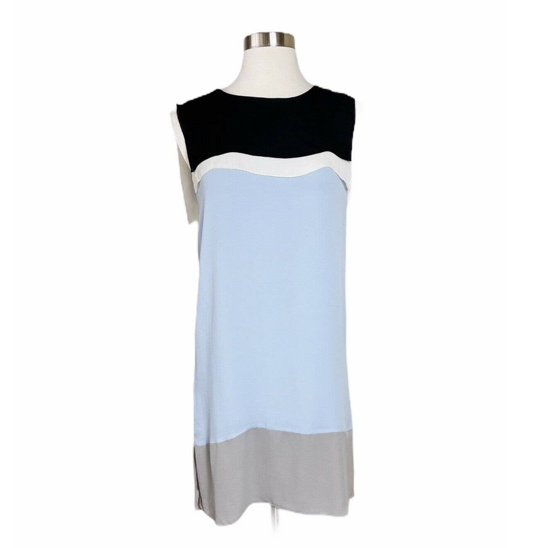 L'AGENCE Silk Colorblock Shift Dress Sleeveless Cape Neck Blue Gray Black 2