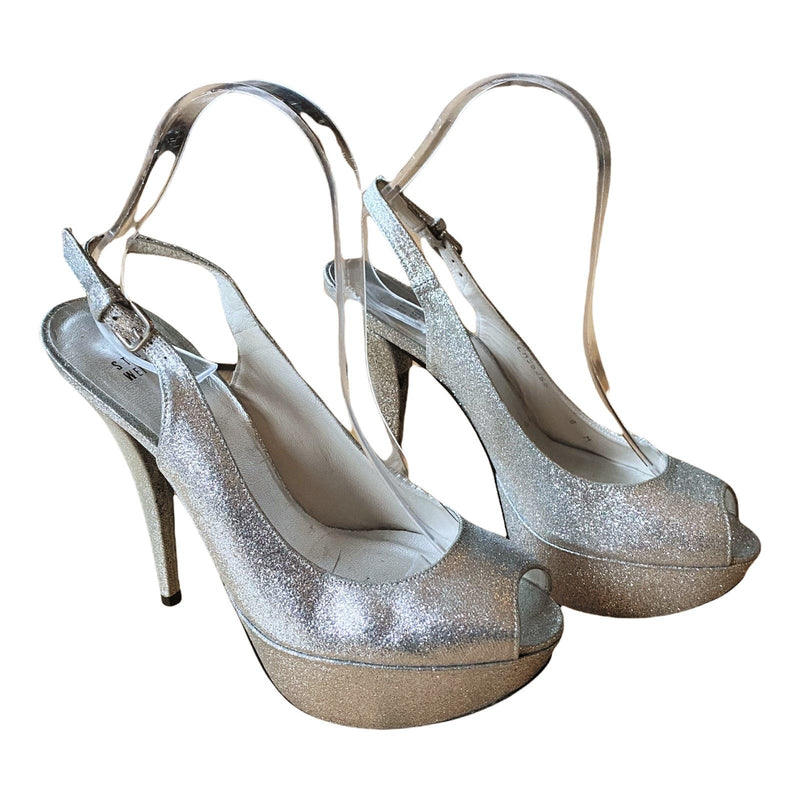 STUART WEITZMAN Pump Vevey Galactic Silver Glitter Peep Toe Spain Leather 8 EUC