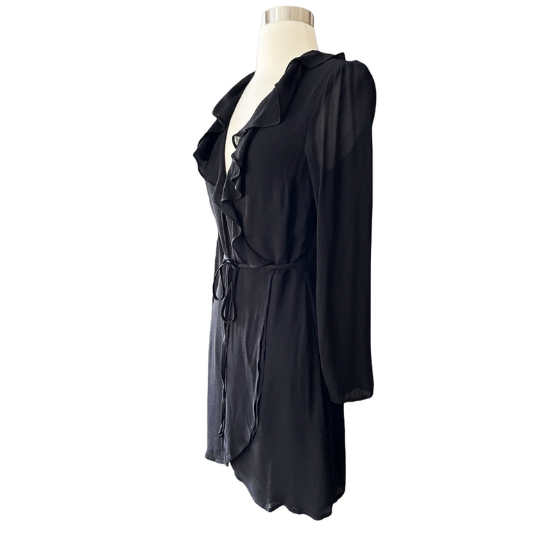REFORMATION Mini Dress Dickinson Wrap Black Ruffle Neck Sheer Long Sleeves XS