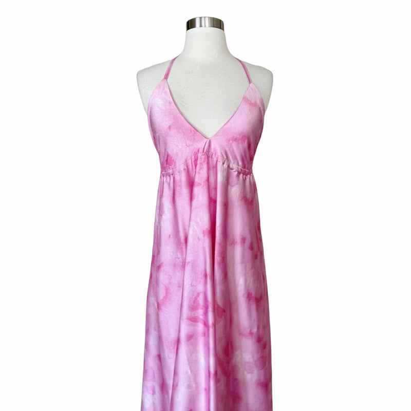 T. ZOVICH Pink Tie Dye Maxi Dress Satin Halter Lightweight Ties Open Back Medium