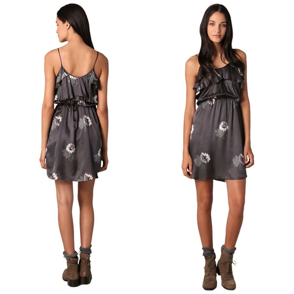 REBECCA TAYLOR SILK Sleeveless Mini Cami Dress Shadow Daisy Gray Size 0 NWT