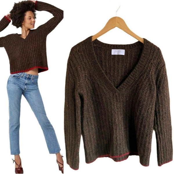 LA LIGNE Brown Sweater Fuzzy Wuzzy Pullover V-Neck Alpaca Cotton Wool Red Trim S