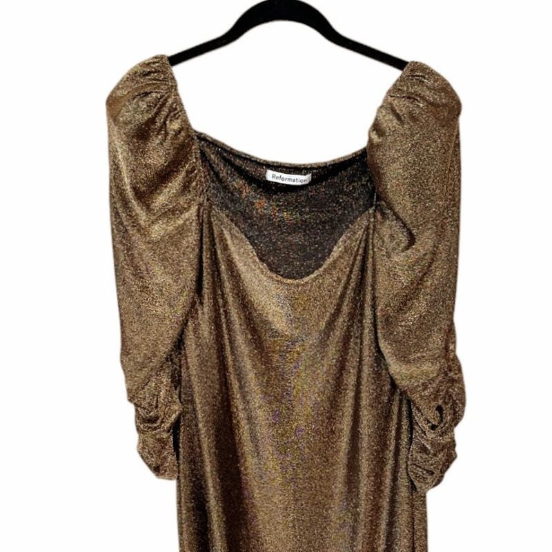 REFORMATION Rahm Dress Gold Shimmery 3/4 Sleeves Puff Shoulders Stretchy 1X EUC