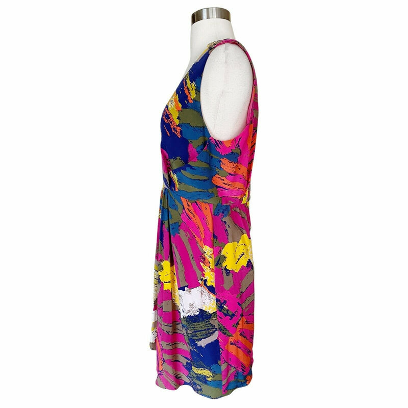 TIBI Silk Dress Bold Artsy Print Multicolor Pink Blue Sleeveless V-Neck 6 EUC