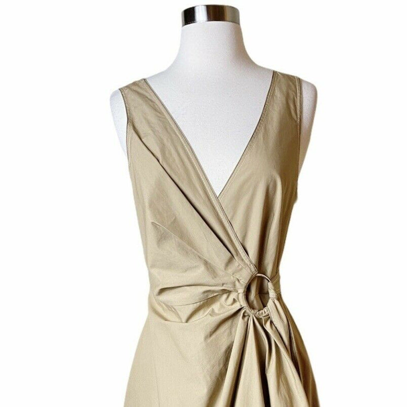 DEREK LAM 10 CROSBY Cotton Poplin Gathered Wrap Dress Sleeveless Camel Tan 4 EUC