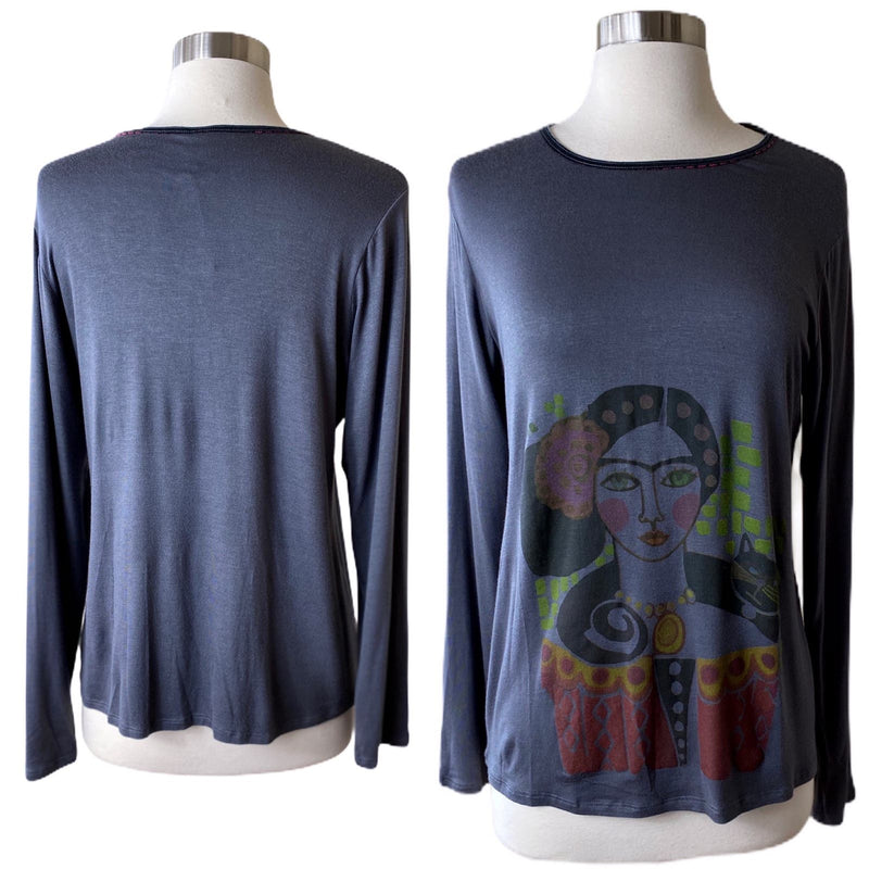 T.ZOVICH Top Frida Kahlo Graphic Print Long Sleeves Graphic Print Gray Small NWT