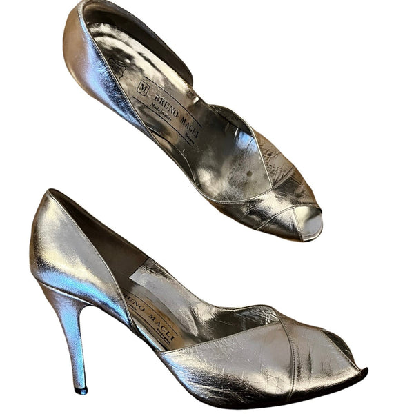 BRUNO MAGLI Silver Pumps Peep Toe Metallic Cone Heels Italy Designer Shoes 7.5