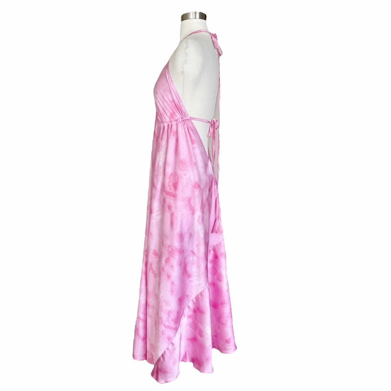 T. ZOVICH Pink Tie Dye Maxi Dress Satin Halter Lightweight Ties Open Back Medium