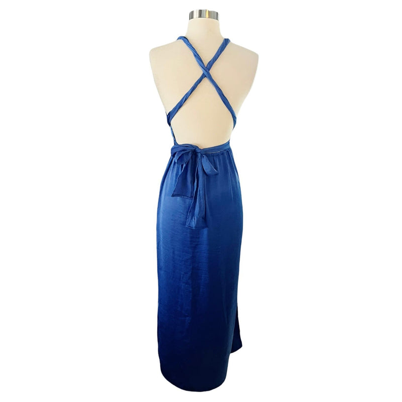 T. ZOVICH Blue Maxi Dress Satin Halter Ties Multiway Lightweight Ties Small NWT