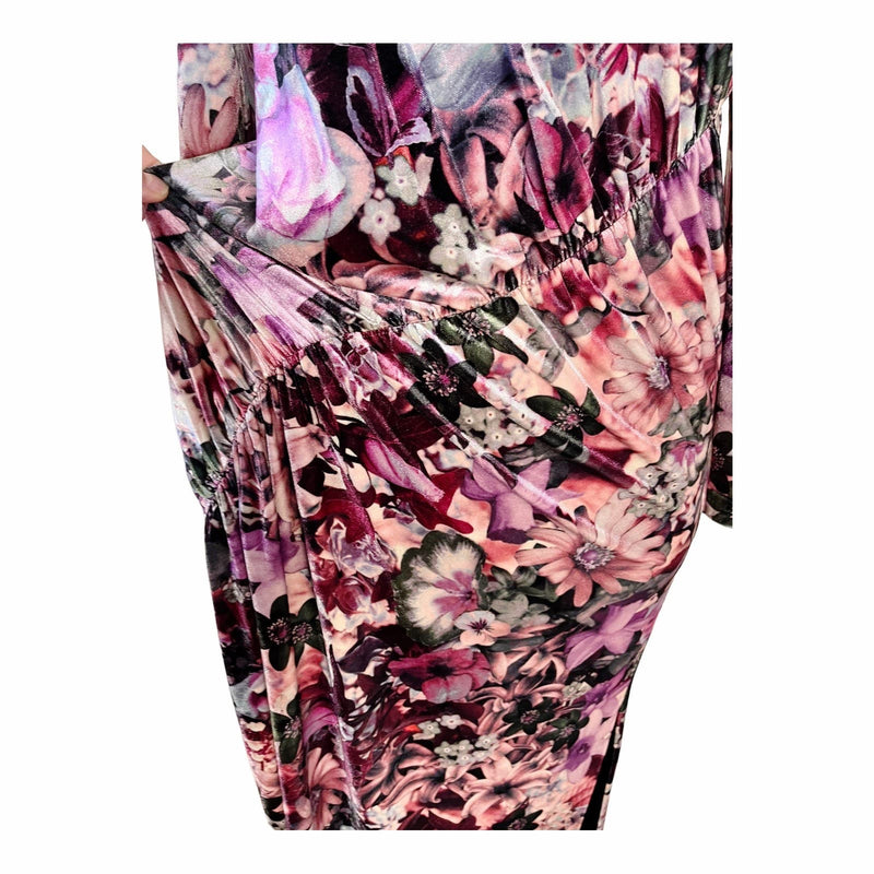 AIDAN MATTOX Velvet Dress Floral Maxi Stretch Multicolor Pink Long Sleeve 6 NWT