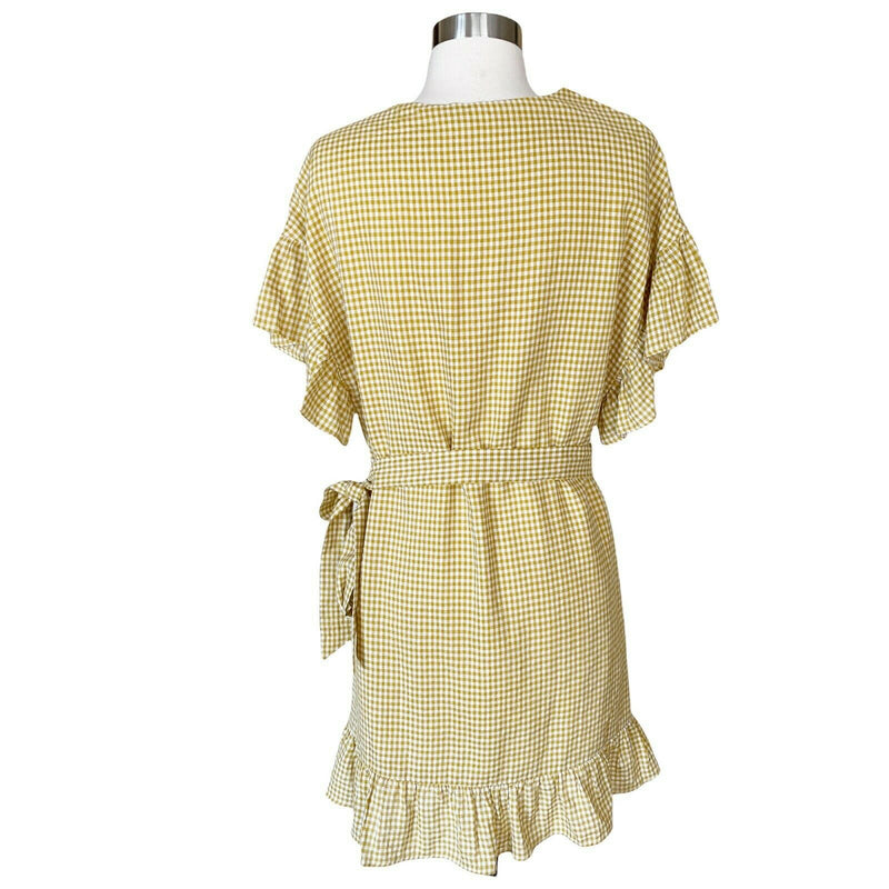 TULAROSA Jenny Mini Dress Marigold Plaid Wrap Ruffles Cotton Yellow Medium EUC