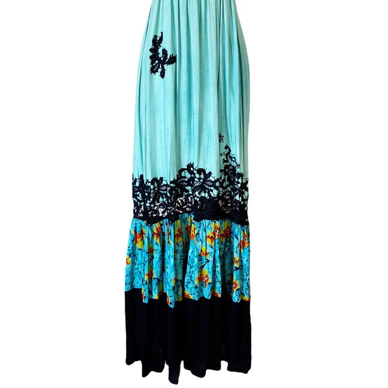 Resort Dress by T. ZOVICH Maxi Dress Mixed Media Green Floral V-Neck Spaguetti L